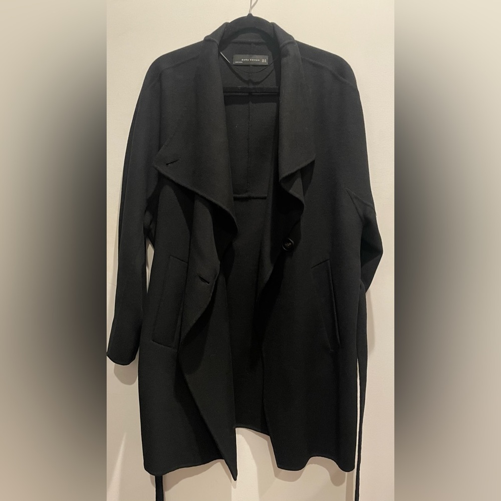 zara woman wrap coat  45%wool 30%poly 25%viscose